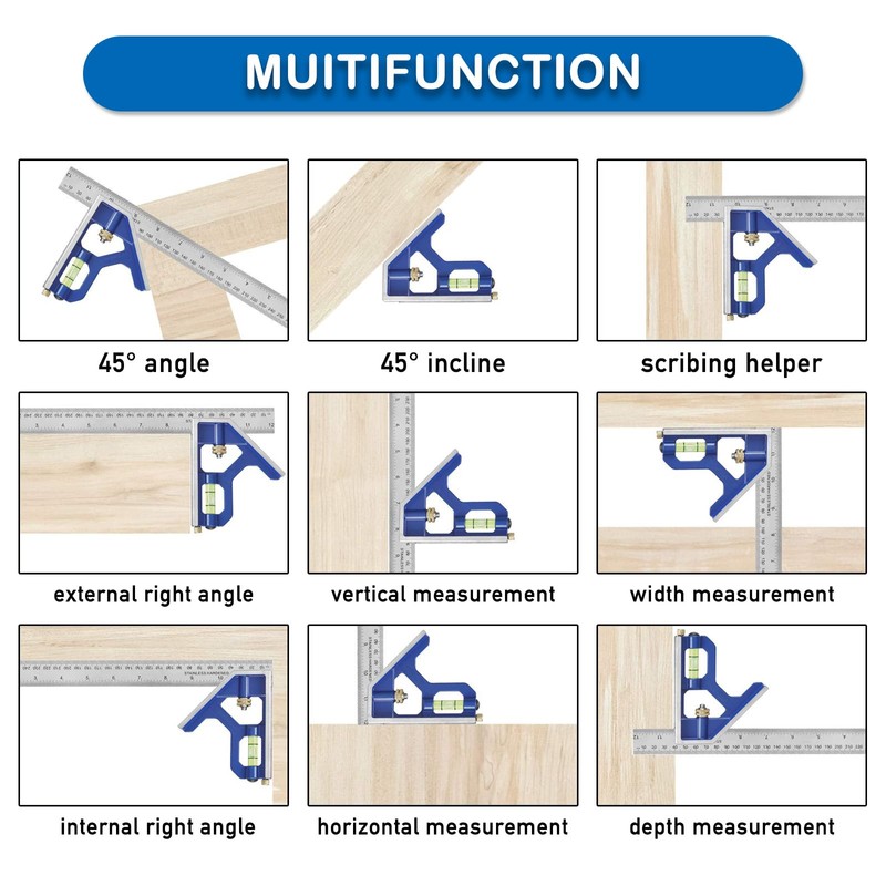 Combination Square Blue Aluminium 300mm (12in), Engineers Set Square, Stainless