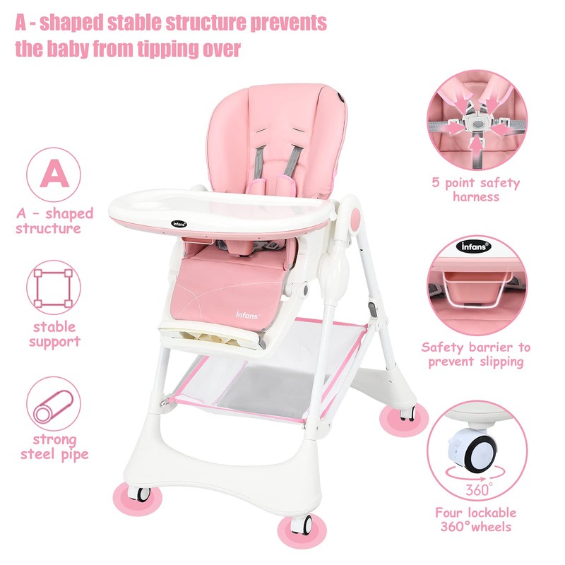 INFANS High Chair with One-Hand Removable Tray, 4 Lockable Wheels
