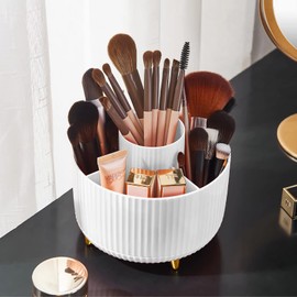 Diesisa Diesisa Makeup Brush Holder Organizer,360 Rotating Makeup Brush Organizer,5 Slot Make up Brushes Cup for Cosmetics, Nail Polish, Art Supply, Bathroom Vanity Desktop Organizer - White