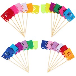24 Pcs Multi-Colored Mini Mexican Paper Papel Picado Tissue Banner Flags Cupcake Toppers Mexican Fiesta Themed Party Decorations