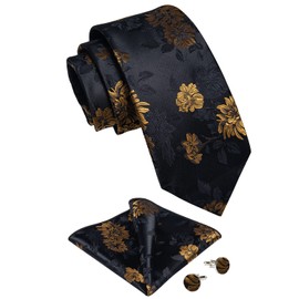 DiBanGu Men Golden Black Floral Neckties Silk Black Floral Tie and Pocket Square Cufflinks Party Wedding