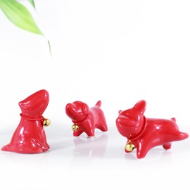 DJMKLCZTTKX 3 Piece Ceramic Decor Dog,Miniature Puppy Model Used as Tea Pets and Desktop Ornament,Dogs Figurine for Office Room Decoration and Decompression Puppy Toy，Cute Puppys Gift （Red）