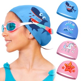 KASURE 4 Pcs Kids Swimming Caps, Fabric Swimming Cap with Elastic Bands, Swim Hat for Boys and Girls, Cartoon Kids Swimming Hat for Age 3-8 (Pink, Blue)