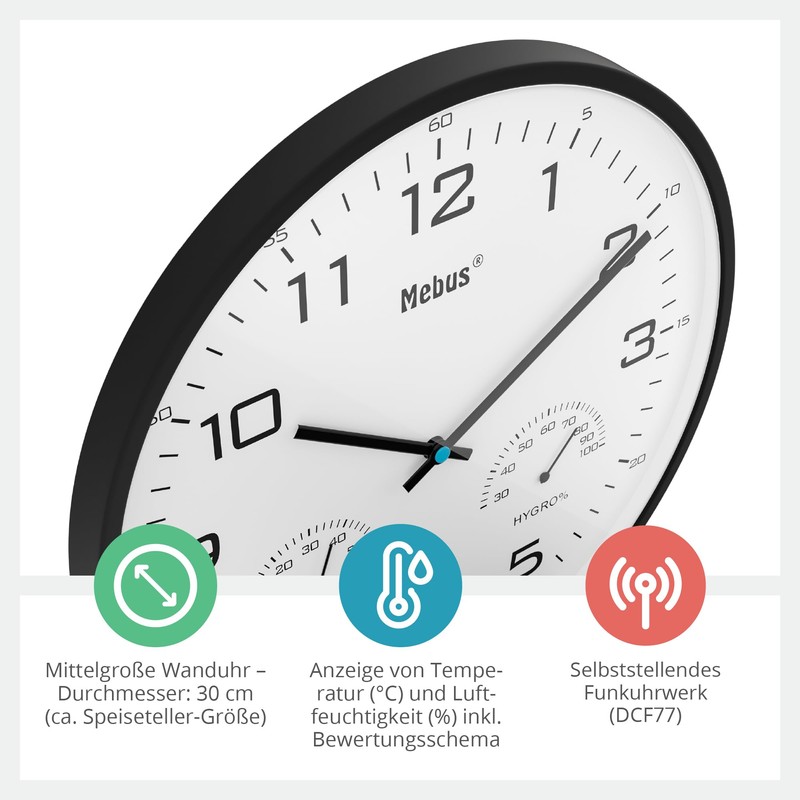 Mebus Modern Radio Wall Clock with Temperature Display and Humidity,