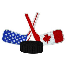 Hockey Sticks Patch, Hockey US & Canada Flag Patch Embroidered Iron on Sew on Patch Badge for Clothes etc. 10x5cm (with Puck)