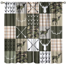 Fblifil Antler Camo Silhouette Kids Curtains,Green Rustic Girls Boys Adults Geometric Plaid Patchwork Arrows Boho Window Treatments for Living Room Bedroom Decor 42" W X 45" L