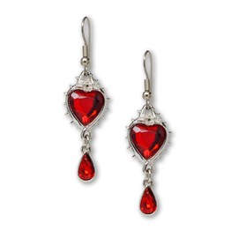 Valentines' Day Red Heart Romance Dangle Earrings Austrian Crystals Thorns and Roses Silver Finish