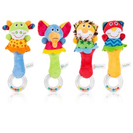 4 Pack Baby Soft Rattles Toys - Infant Sensory Development Hand Grip Toys - Cute Stuffed Animal Handbells - Perfect Baby Gift