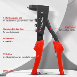 HAUTMEC Heavy Duty Rivet Gun,Pop Rivet Gun with 4 Interchangeable Rivet Heads,Durable Hand Riveter for Plastic, Metal, Leather, Wood HT0125
