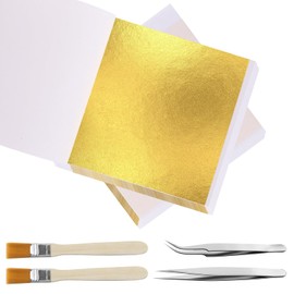 Xmart Pack of 200 Gold Leaf for Crafts, Gold Foil, Gold Leaf Imitation Gold Foil Sheets with 2 Tweezers and 2 Brushes for Gilding Painting Craft Nails Decorations DIY Crafting 14 x 14 cm
