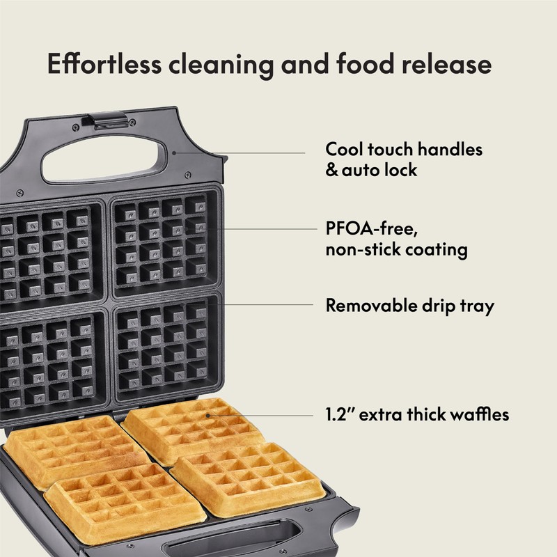 BELLA Classic Waffle Iron, 4 Square Belgian Waffle Maker, Non-stick