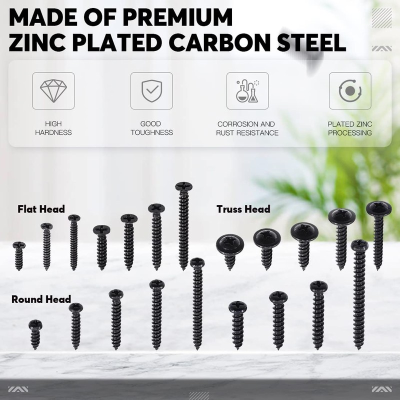 Rustark 490Pcs #6#8#10 Black Wood Screws Assortment Kit, Pan Head&Flat