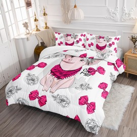 XYNHML Kawaii Cartoon Pink Pig Scarf Comforter 3Pcs Flower Bowknot Bedding Full Bow Tie Floral Pet Pig Quilt Set for Kid Teen Girl Boy Lovely Animal Bed Decor with 1 Comforter and 2 Pillowcases
