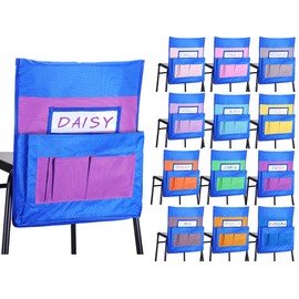 Chapou 16" x 18" Chair Pockets for Classrooms 12 Colors Chair Storage Pocket School Seat Pocket Bag with Name Tag Slot and 6 Pockets for Kindergarten Student Book(Candy Color)