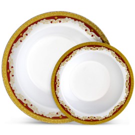 Laura Stein Designer Dinnerware Set | 32 Disposable Plastic Party Bowls | White Wedding Bowl with Burgundy Rim & Gold Accents | Set Includes 16 x 12 oz Soup Bowls + 16 x 5 oz Dessert Bowls | Vintage