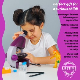 Levenhuk LabZZ M101 Amethyst STEM Microscopio per Bambini con Zoom 640x, Luce a LED, Kit Scientifico, Portatile di Vetrini Preparati, Giocattolo Regalo Educativi, Libro con Esperimenti, 4+ Anni (EN)