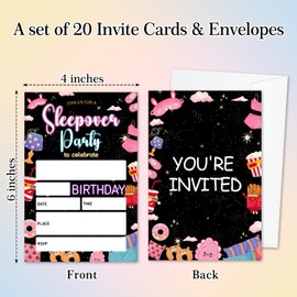 Sleepover Birthday Invitations Card for Girls, Kids, Teens, Adults, Slumber Birthday Party Decorations and Supplies, 4"X6", 20 Invitation Cards with Envelopes -004