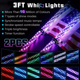 MAYELLO Pair Spiral Whip Lights LED RGB Dancing Light W/Flag For Polaris RZR 900 1000 XP