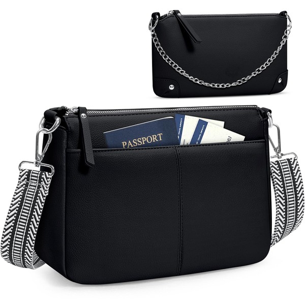 RAINSMORE Bolsa Crossbody Mujer Dos Piezas,Bolsas de Pu Impermeable,Bolsa Negra,Bolso