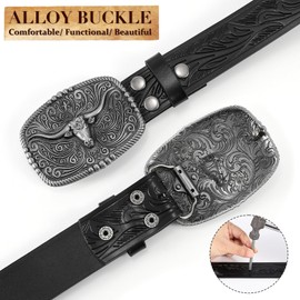 BELTROAD Western Belts for Men Women Cowboy Cowgirl Belt with Western Buckle Men's Belt for Jeans Christmas Gift for Lover, Silver Bull-black, for Waist 46"-48"