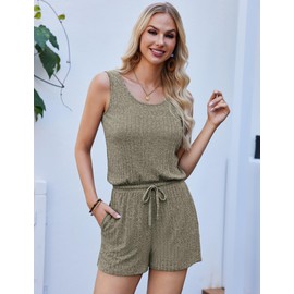 Ekouaer Rompers for Women Summer 2025 Casual Sleeveless Scoop Neck Tank Top Ribbed Short Jumpsuits Romper with Pockets Army Green XL