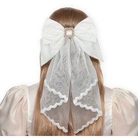 KNANAR Large Hair Bow Veil Hari Clips Headbands For Women Lolita Accessories Lace Sweet Cute Hairpin Party Princess Sweet Cute Anime Barrette White