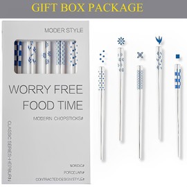 Chopsticks Reusable Dishwasher Safe 5PC Blue Porcelain Chopsticks Hepburn Style,High-grade Bone Ceramics with Delicate Box