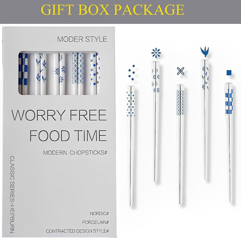 Chopsticks Reusable Dishwasher Safe 5PC Blue Porcelain Chopsticks Hepburn Style,High-grade