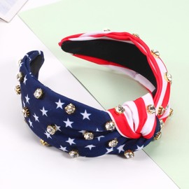 4 th of July Headbands for Women Girls American Flag Wide Knottted Headband USA Red White and Blue Rhinestone Patriotic Headbands Crystal Jeweled Hairband Independence Day Hair Accessories Gifts
