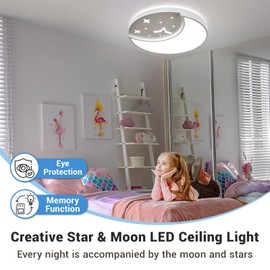 FAYOTAT 12 Inch Ceiling Light Fixtures, Creative Moon & Star Bedroom Ceiling Lights, 3 Color Temperature Selectable, Dimmable Ceiling Lights for Bedroom,Kids Room Kitchen Dining Room，Round White