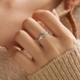 AIBELOPY Heart Rings for Women Mother Daughter Friendship Knot Ring Promise Ring for Her 925 Sterling Silver 14K Gold Plated Cubic Zirconia Stackable Ring Birthday Gifts for Daughter Mom (Silver, 11)