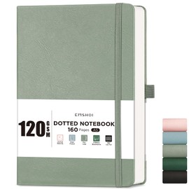 EMSHOI A5 Notebook Dotted Journal - 120gsm Thick Paper, Hardcover Leather Dot Grid Notebook for Bullet Journaling with 128 Pages, Journal Stencils, Inner Pocket, 21 x 14.5 cm, Dark Green