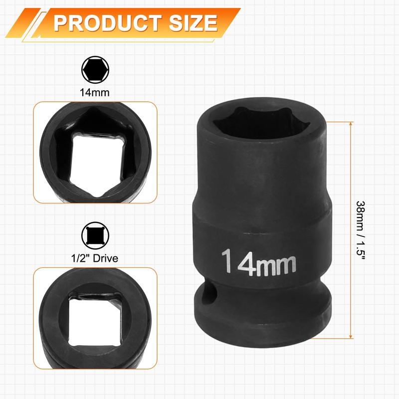 sourcing map 6 Point Impact Socket 14mm Metric Socket 1/2"