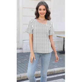 Soesdemo Womens Summer Striped Grey Printed Tops Asymmetrical Neck Short Sleeve Button Dressy Boho Casual Loose Fit Lightweight Fashion Tunic T Shirts Blouse