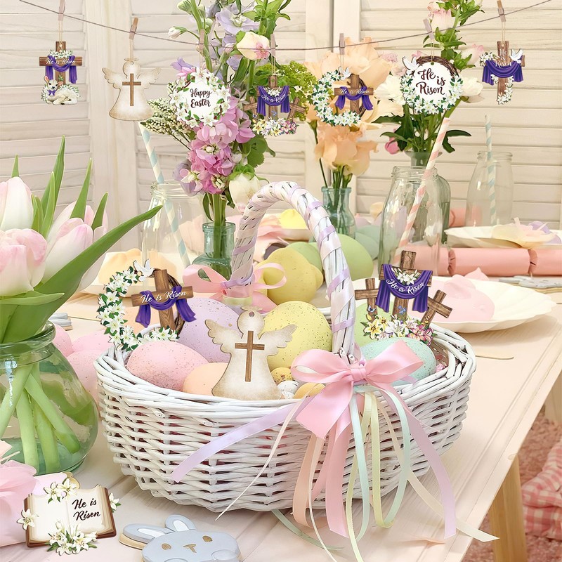 24 Pcs Wooden Easter Ornaments Decoration He is Risen Cross