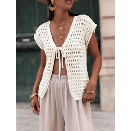 Saodimallsu Womens Tie Crochet Shrug Short Sleeve Open Front Lightweight Knit Cropped Cardigan Sweaters Cover Up White