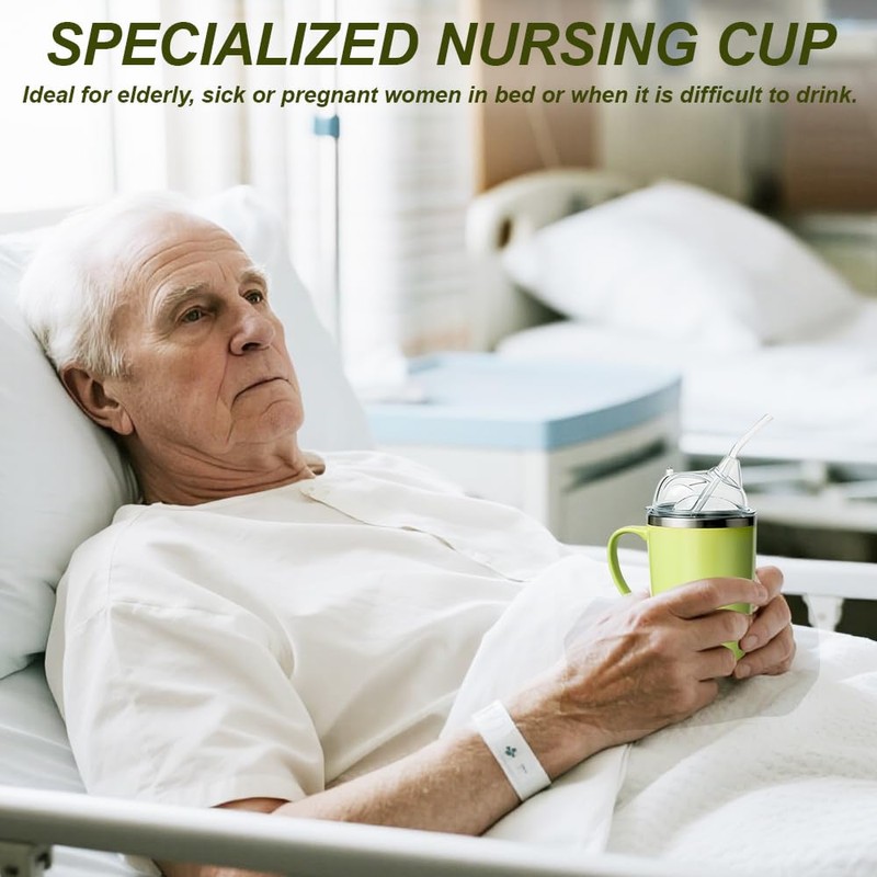 Nzkeuf Elderly Leak-Proof Straw Cup with Handle, 350ml Non-Spill Sippy