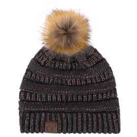 C.C Exclusives Unisex Solid Ribbed Beanie with Pom (HAT-43) (Brown Metallic)