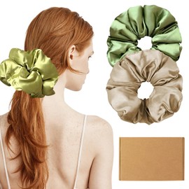Annauiy Pack of 2 Hair Bobbles Scrunchies for Women, Premium Satin Surface, Padding Made of 100% Cotton, Large, 6 cm Wide Edge Scrunchie for Women, Girls, Hair Accessories (Green and Curry)