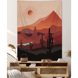 Boho Western Tapestry Modern Southwestern Mountain Cactus Arizona Desert Sunset Wall Tapestry Mid Century Modern Retro Aesthetic Minimalist Vertical Tapestry Wall Hanging for Bedroom 60X71IN
