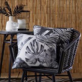 Dreams & Drapes - Black Outdoor Cushion (43 x 43cm) - Floral/Botanical Outdoor Cushion for Garden/Patio/Balcony - Garden Cushion in Black - Tropical Leaf Cushion for Outdoor - Tahiti Collection