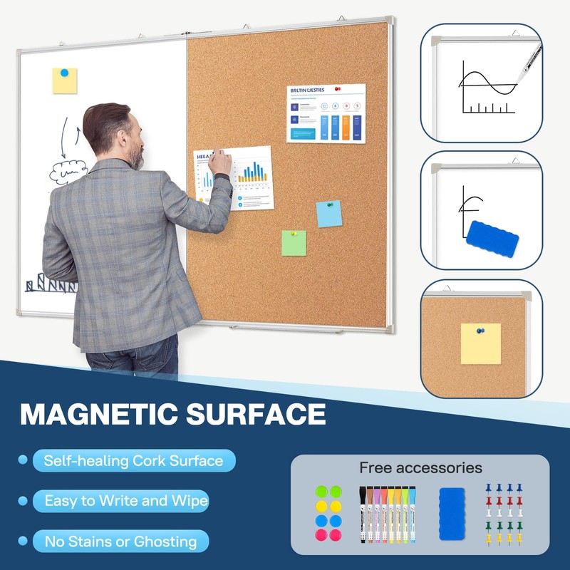 Large White Board Dry Erase Foldable Cork Board Combo, 48"