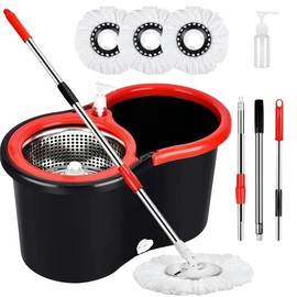 Spin Mop Bucket with Wringer Set, Operable 360 ° Rotating Mop Bucket Set, with 3 Microfiber Replacement Head ,Stainless Steel Mop Bucket 61 Inch Adjustable Handle Household Cleaning Tools Black Plastic:_Green