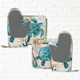 Vintage Nautical Sea Turtle Oven Mitts and Pot Holders Sets, 4pcs Silicone Non-Slip Kitchen Mitts Potholders Heat Resistant BBQ Gloves Hot Pads for Cooking Grilling Baking Microwave Chef Gifts Decor