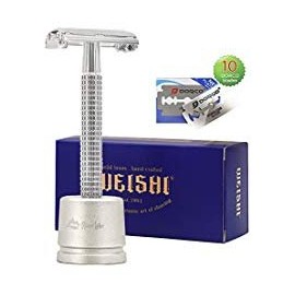 Butterfly Safety Razor Kit, WEISHI Chrome Long Handle Butterfly Open Double Edge Safety Razor With RIVERLAKE H3 Razor Holder Set (1 Razor, 1 Stand & 10pcs blades)