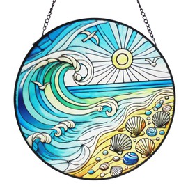 Beach Decor Suncatcher Stained Glass Sun Catcher for Windows, Sea Decor - 7.8 Inch Window Hanging Suncatcher, Summer Beach Gift, Nautical Decoration for Indoor Living Room Housewarming Birthday Gifts