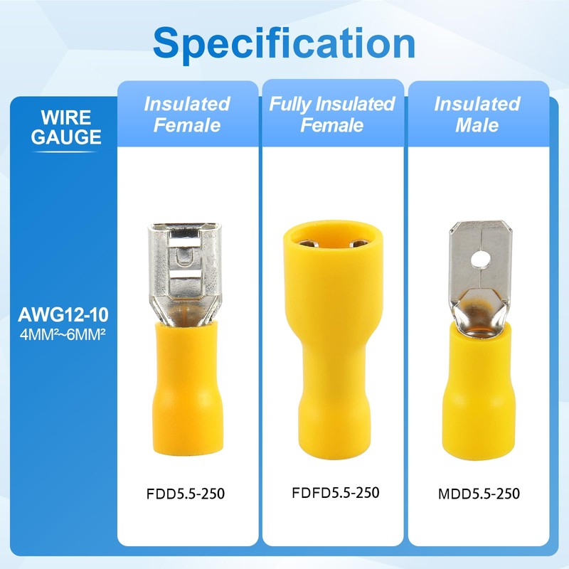Baomain 1/4" Female Quick Disconnect Spade Terminals,Insulated Crimp Connectors 12-10