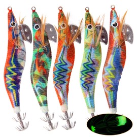 Luminous Shrimps Squid Jig Sea Fishing Lures, 5/10pcs Squid Jig Saltwater Fishing Lures Hard Fishing Shrimp Lures Glow Bait Artificial Squid Lure for Octopus Cuttlefish (Size 2.5#-10pcs)