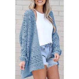 Ermonn Cárdigan de ganchillo para mujer, estilo kimonos, bohemio, color liso, de gran tamaño, para verano, con parte delantera abierta, Azul-cielo, XL