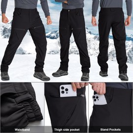 Toomett Mens Winter Hiking Snow Pants Waterproof Insulated Fleece Lined for Skiing Camping Fishing Outdoor Softshell Snowboard Pants,6087,Black,38